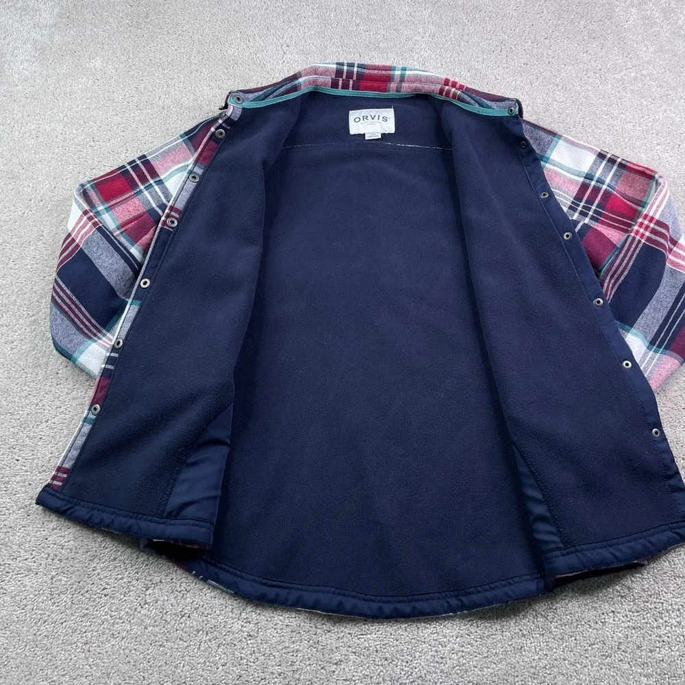 Orvis Shirt Jacket Women Large Red Blue Plaid Fleece Lined Snap Pinnacle Shacket